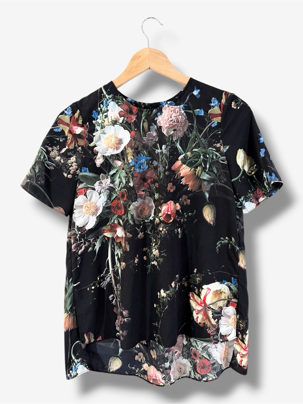 Adam Lippes Black Floral Blouse Size 2 Hi Low Short Sleeve Contemporary Designer